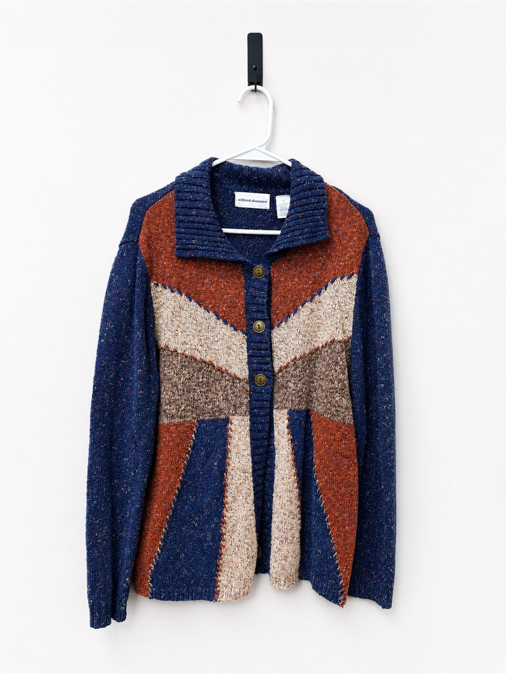 Alfred Dunner Colorblock Knit Cardigan Sweater Blue Rust Button Front Size Large